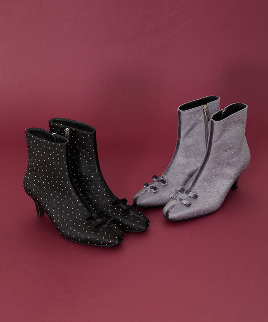 リボンモチーフラインストーンヒールブーツ/41436