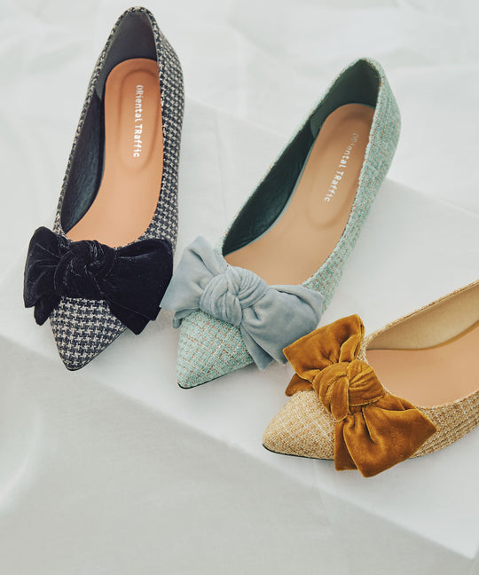 【カタログ掲載アイテム】ベロアリボン×ツイードフラットパンプス/51302