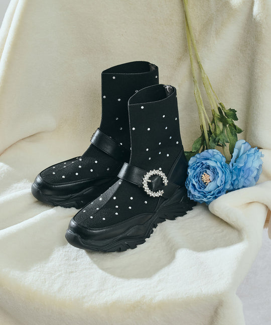 【カタログ掲載アイテム】ラインストーン付きニットスニーカーソールブーツ/56404