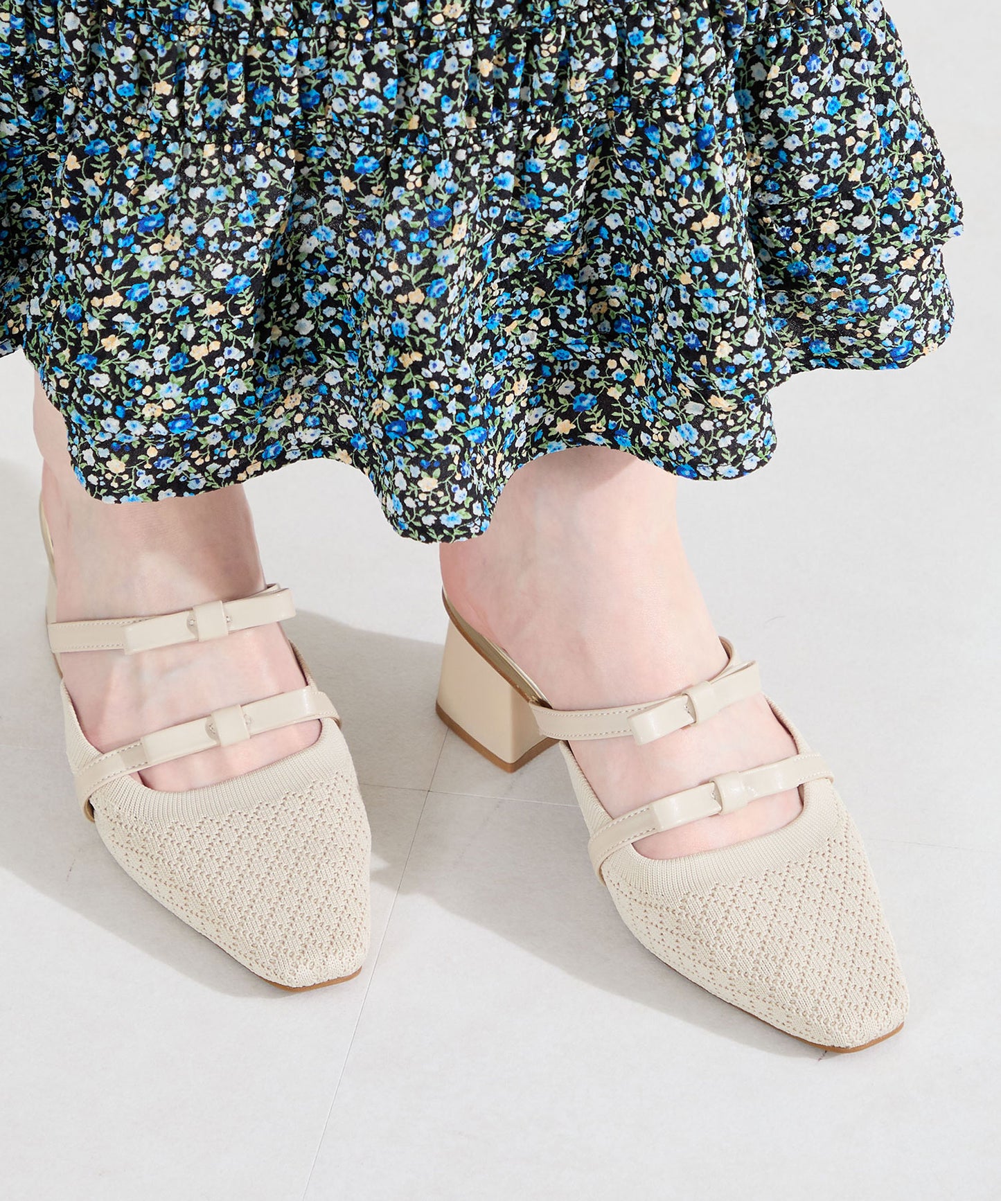 ダブルリボンニットミュールパンプス/61111