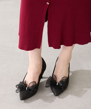 チュールリボン×グリッターヒールパンプス/MOR113