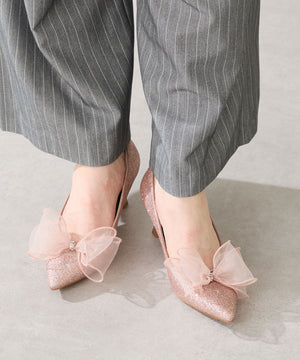 チュールリボン×グリッターヒールパンプス/MOR113