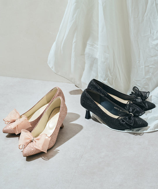 チュールリボン×グリッターヒールパンプス/MOR113