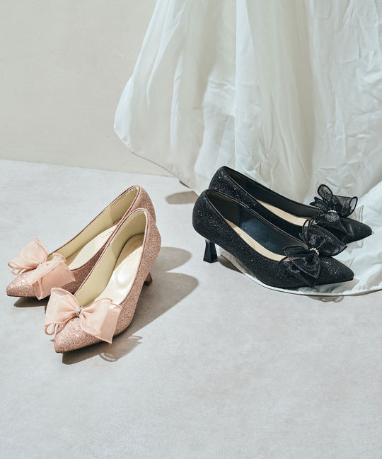 チュールリボン×グリッターヒールパンプス/MOR113