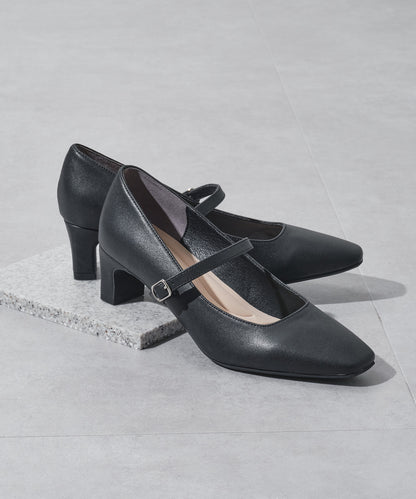 スクエアトゥストラップヒールパンプス/R-3006